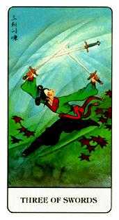 Three of Swords from the Chinese Tarot, a woman crossing two swords before herself to defend against a flying sword.