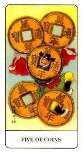 Five of Coins from Chinese Tarot, a man dancing or trapped behind five giant coins.