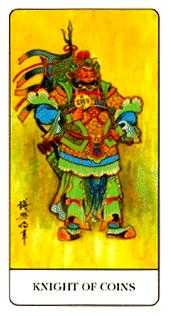 Knight of Coins from Chinese Tarot, a colorfully armored man wearing a flag-adorned spear on his back.